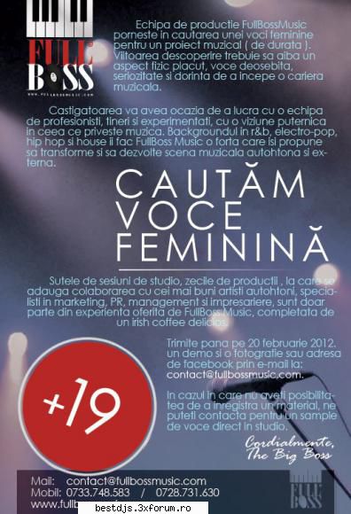 Casting- Se cauta o voce feminina - Echipa de productie FullBossMusic porneste in - House/ElectroHouse/Club